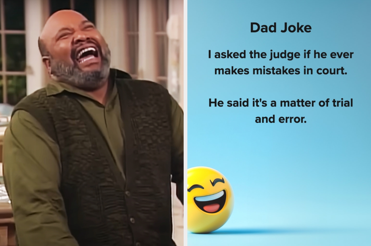 Man laughing heartily; text reads: "Dad Joke: I asked the judge if he ever makes mistakes in court. He said it's a matter of trial and error."