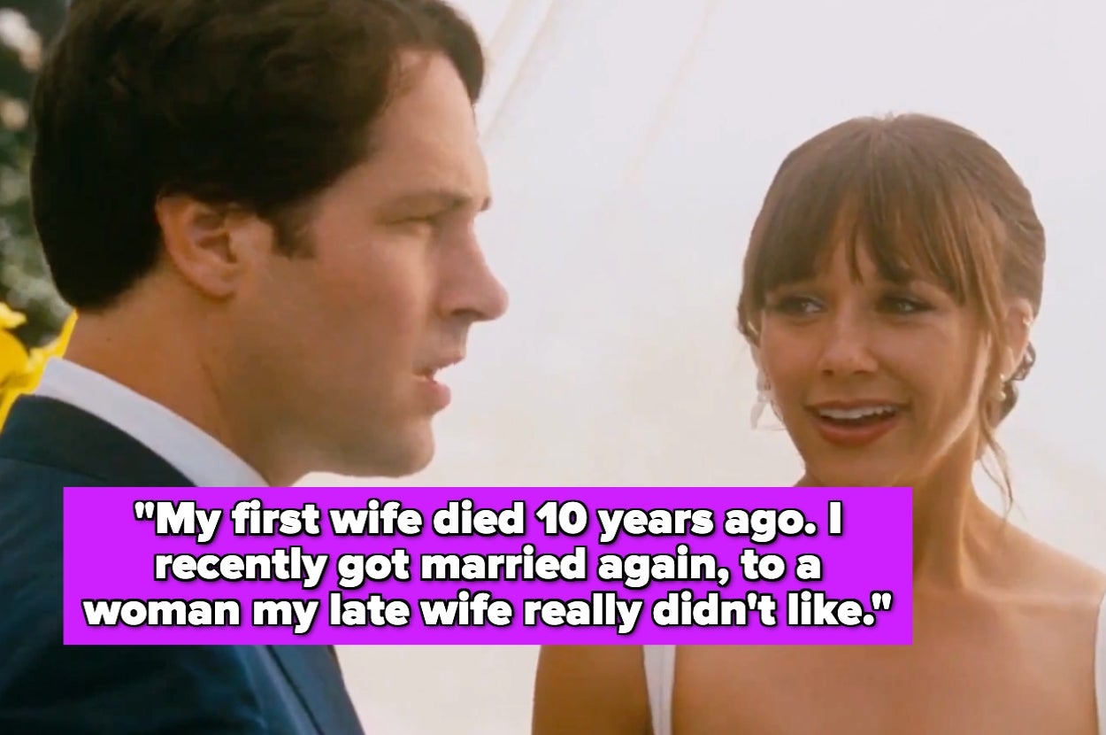 A man and a woman are having an emotional conversation. Text: "My first wife died 10 years ago. I married a woman my late wife didn't like"
