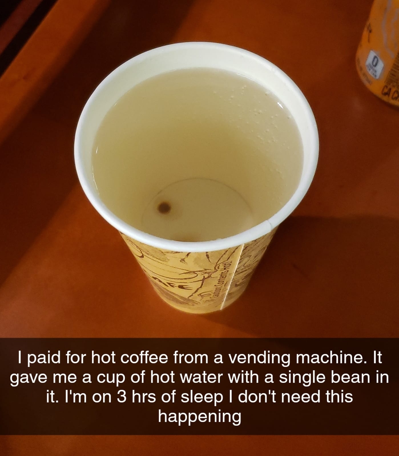 A vending machine dispensed a cup of hot water with one coffee bean. Text overlay expresses frustration over the mishap due to lack of sleep