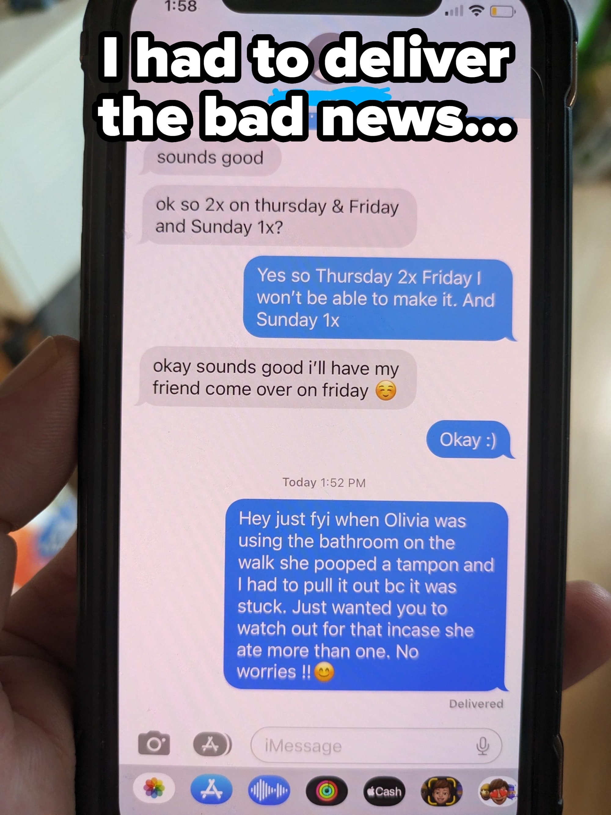 Text conversation about plans to meet on Friday, and a humorous note about a dog&#x27;s bathroom mishap with a tampon