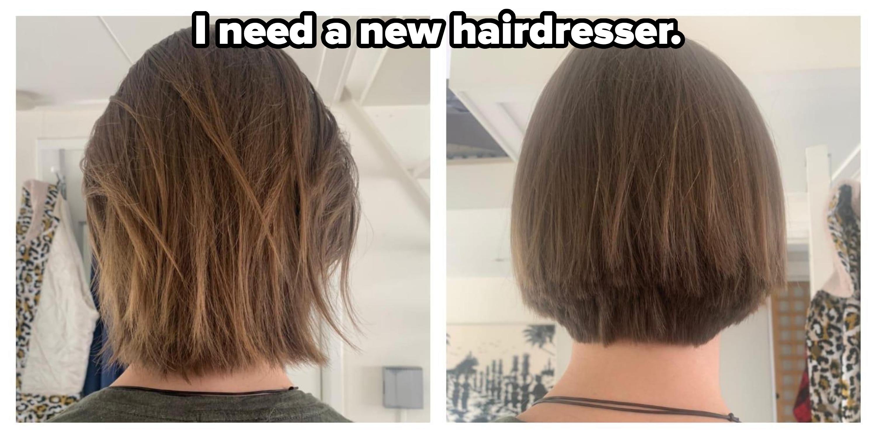 Two side-by-side images of the back of a person&#x27;s head, showing a transformation from a layered, uneven haircut to a smooth, even bob style