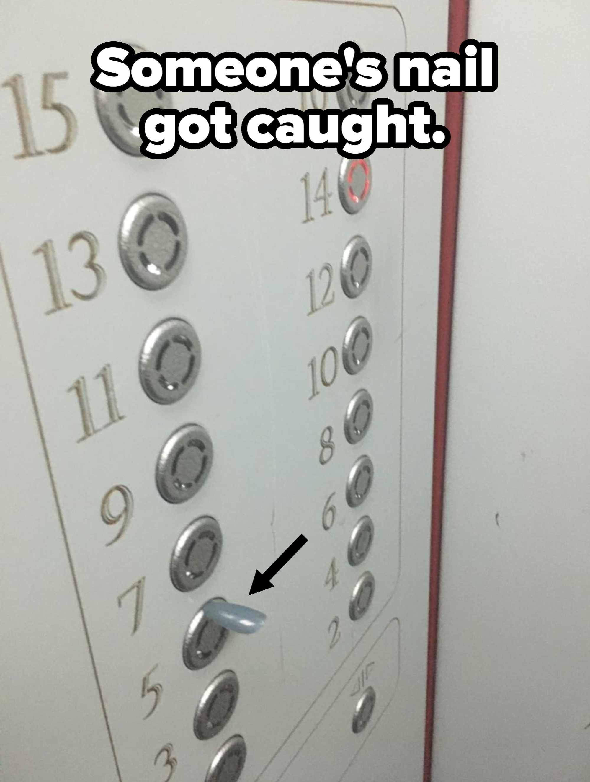 Elevator panel with 16 numbered buttons. The 14th button is lit, indicating the selected floor. The 1st button appears jammed or broken