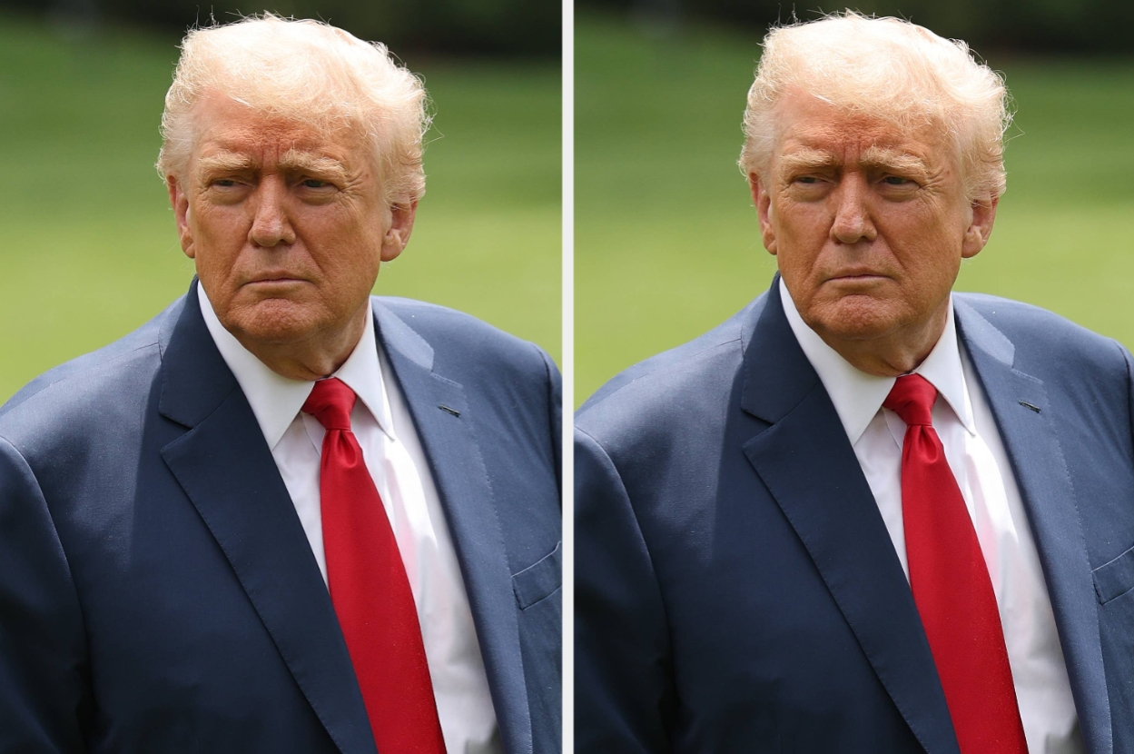 Person in a suit with a red tie, outdoors with a serious expression, appears twice side by side