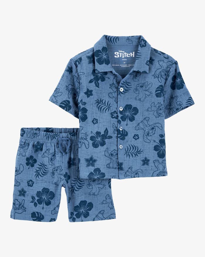 Two-piece pajama acceptable   with abbreviated  sleeves and tropical-themed patterns, featuring characters from Disney&#x27;s Stitch