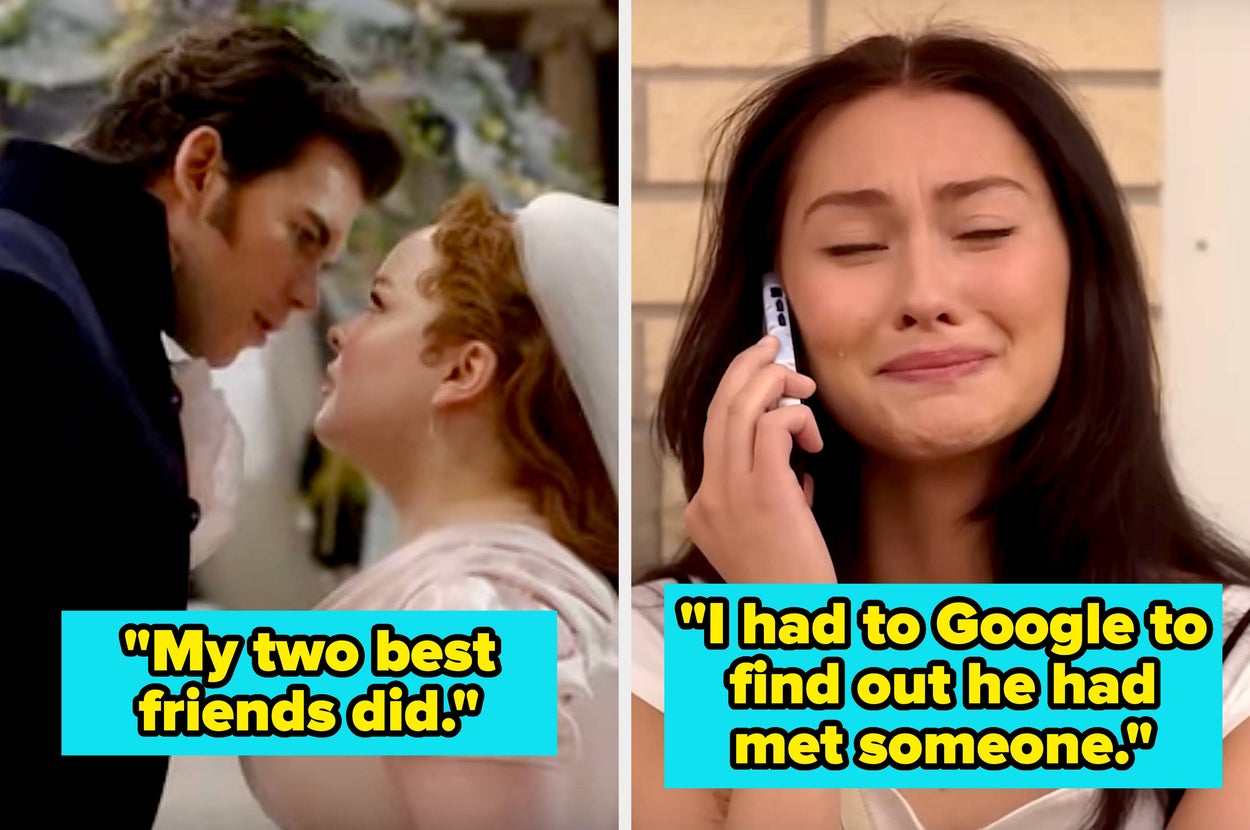 Two scenes from TV shows: left, two people about to kiss; right, a person distressed on the phone. Text: "My two best friends did!" and "I had to Google to find out he had met someone."