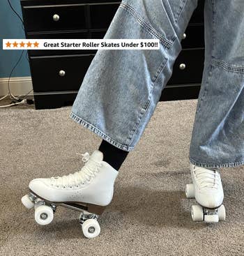 Reviewer modeling achromatic  roller skates with substance   