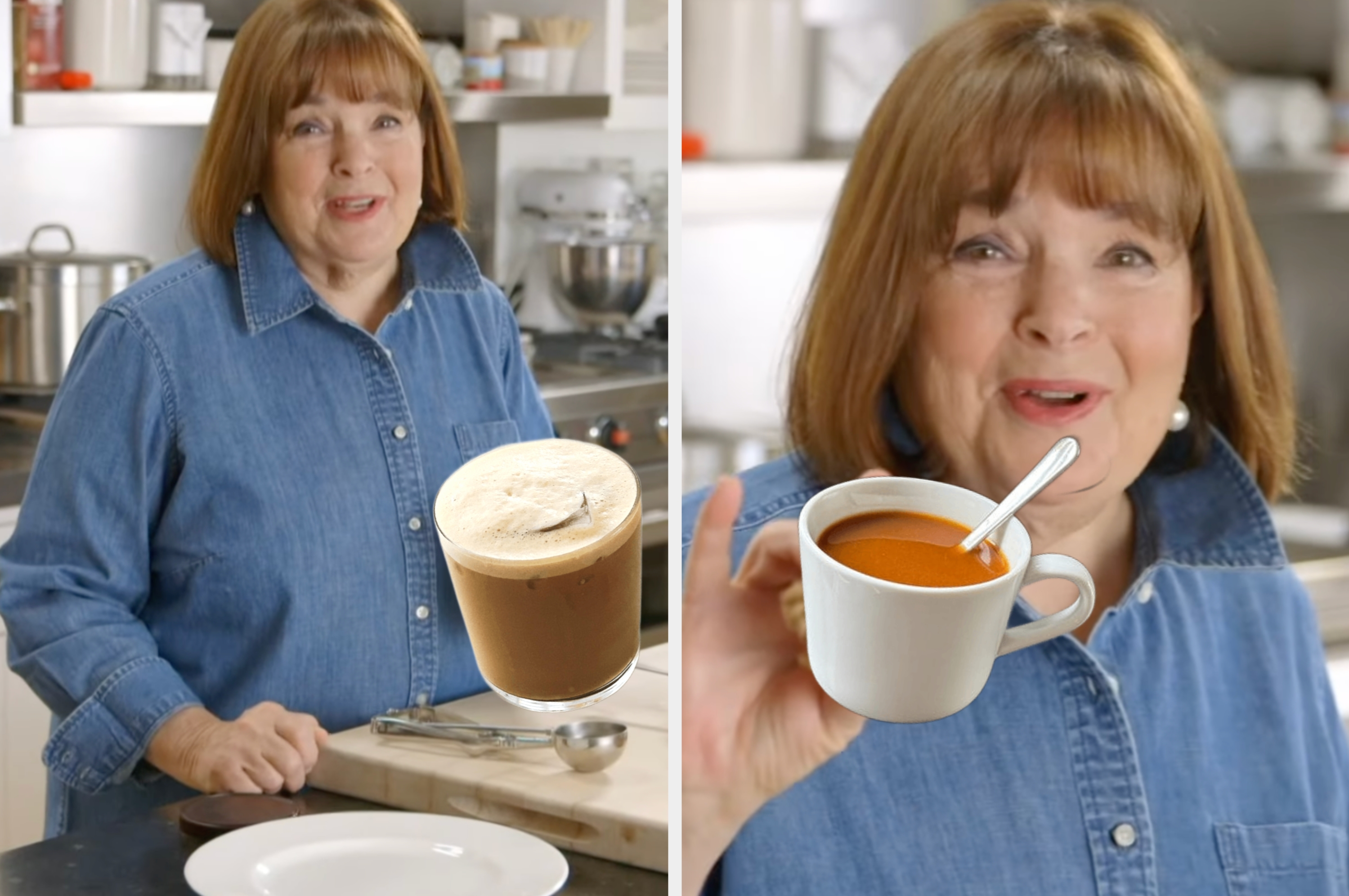 Ina Garten in a kitchen with a denim top, holding coffee. Kitchen appliances visible in the background