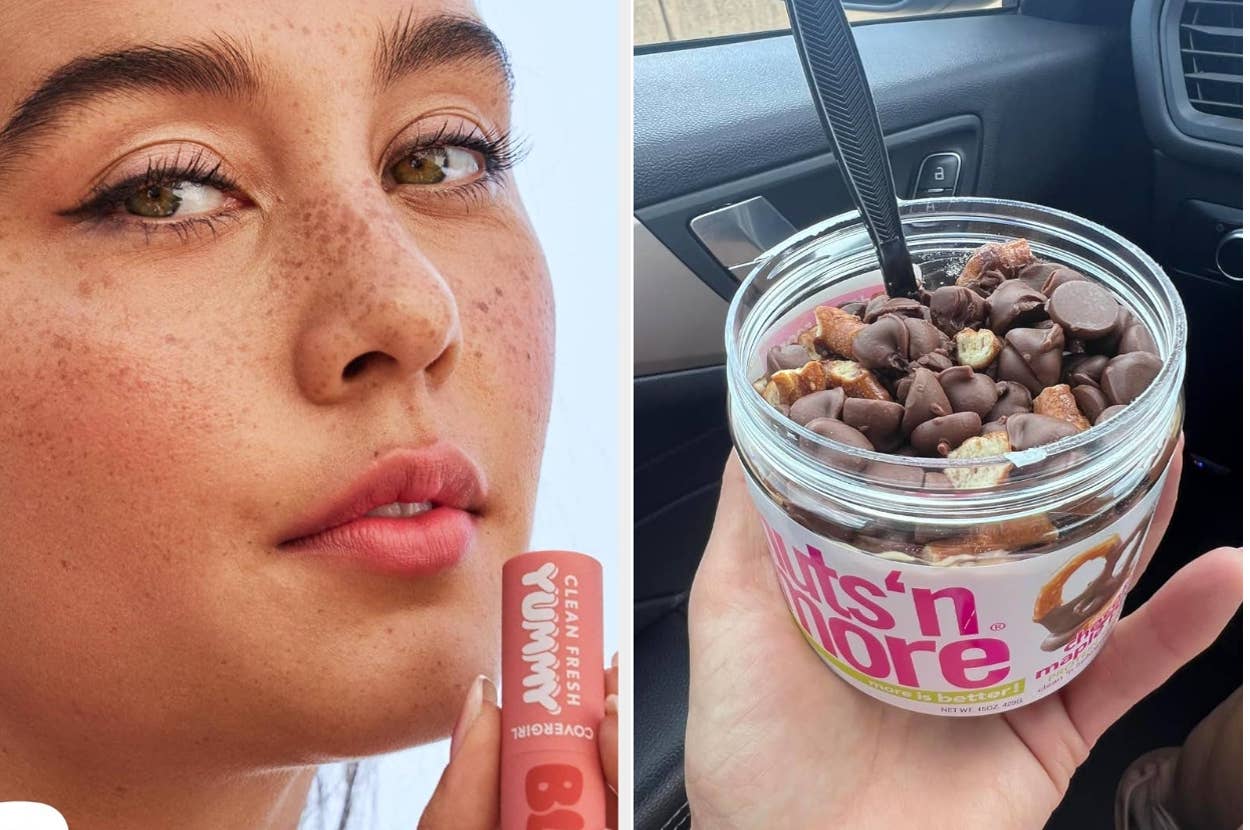 Person holding lip balm near face; hand holding open jar of chocolate-covered treats labeled "Nuts 'n More" on a car seat