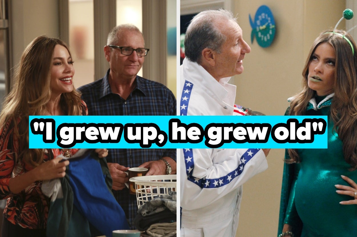 Split image: Left, two people folding laundry; right, same pair in costume, with one wearing alien makeup. Text reads "I grew up, he grew old."