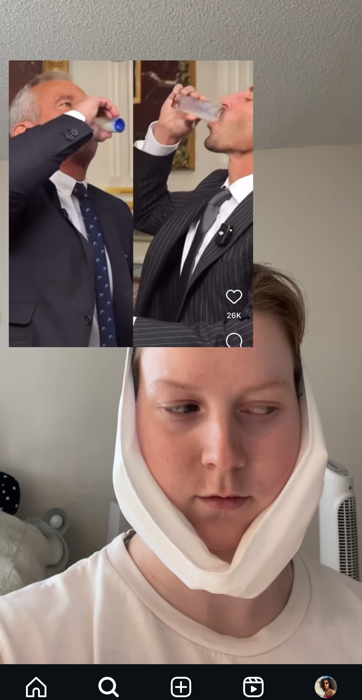 A person with a bandaged chin and unimpressed expression looks at an image of two men in suits drinking from small bottles