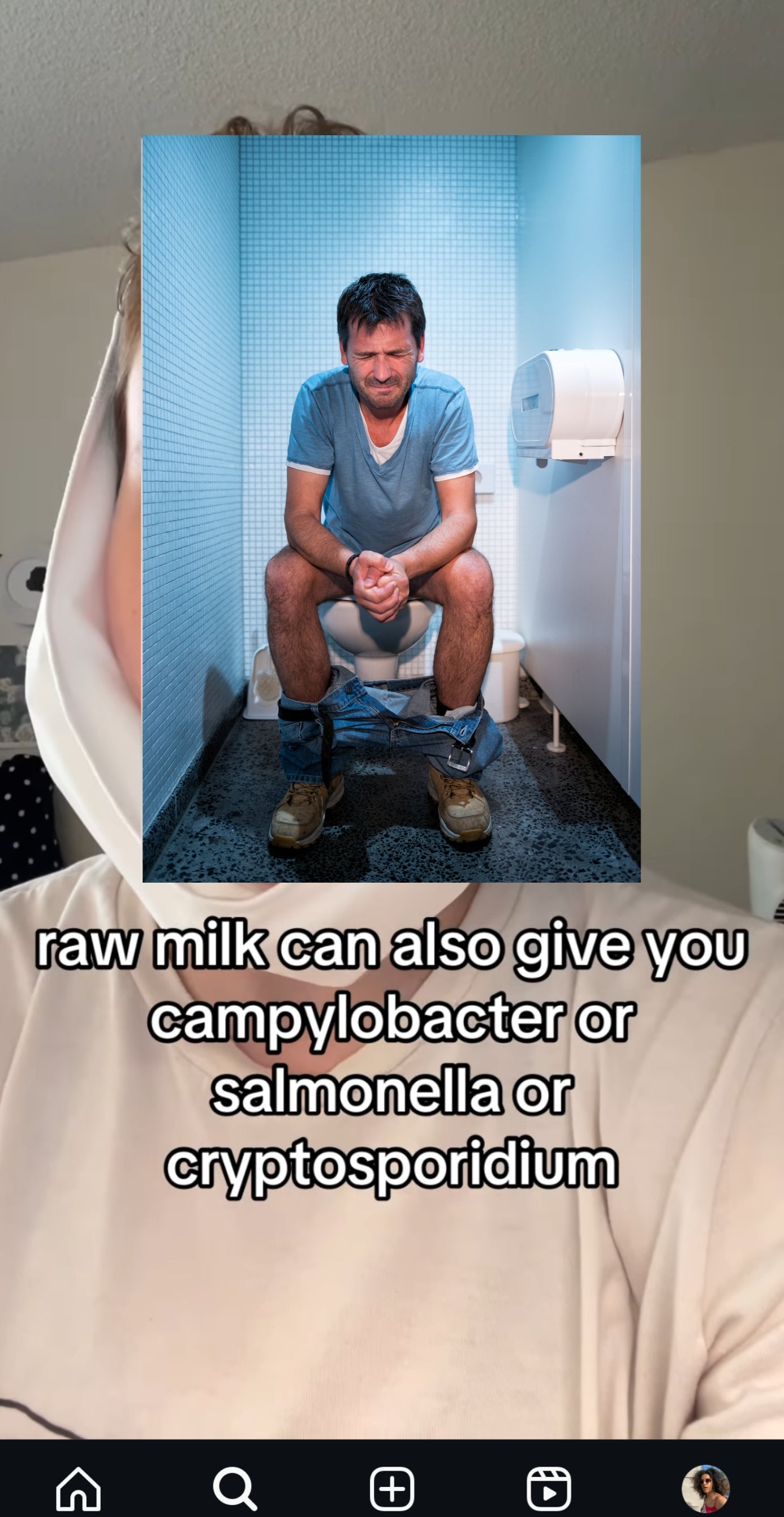 Man sitting on toilet looking distressed. Text warns raw milk can cause campylobacter, salmonella, or cryptosporidium