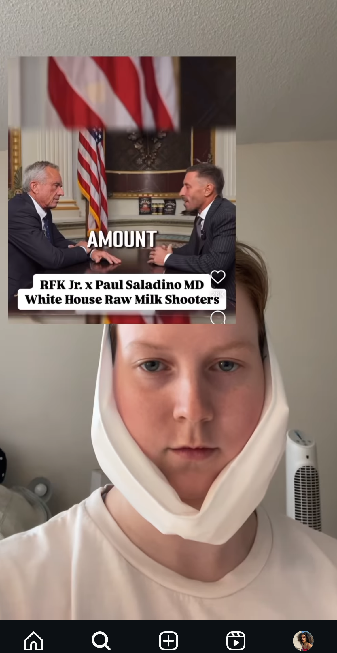 Person wearing a facial bandage looks at the camera with an inset image of two men shaking hands titled &quot;RFK Jr. x Paul Saladino MD White House Raw Milk Shooters.&quot;