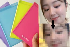女性が化粧パフでメイクを楽しんでいる様子とカラフルな化粧パフの写真。