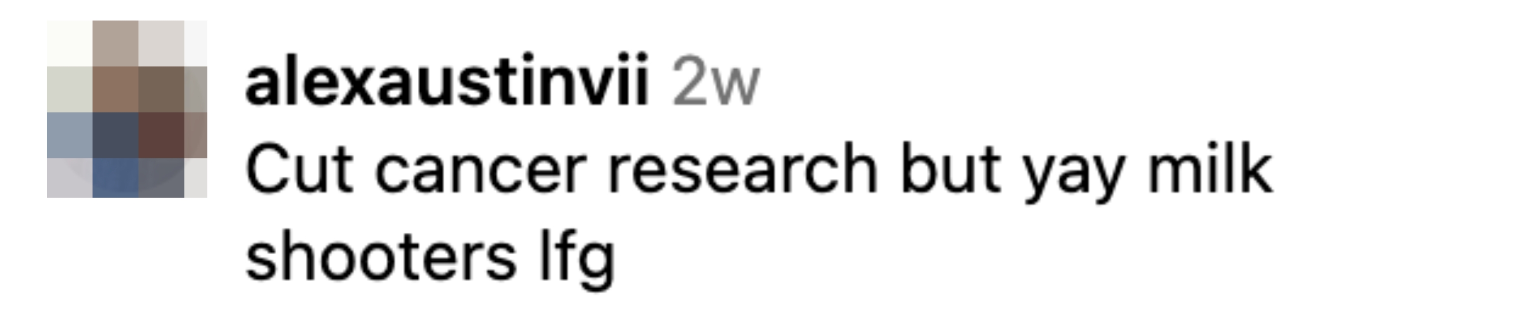 Comment humorously critiques budget priorities, mentioning cancer research cuts and &quot;milk shooters&quot; while using &quot;lfg&quot; as an expression of enthusiasm