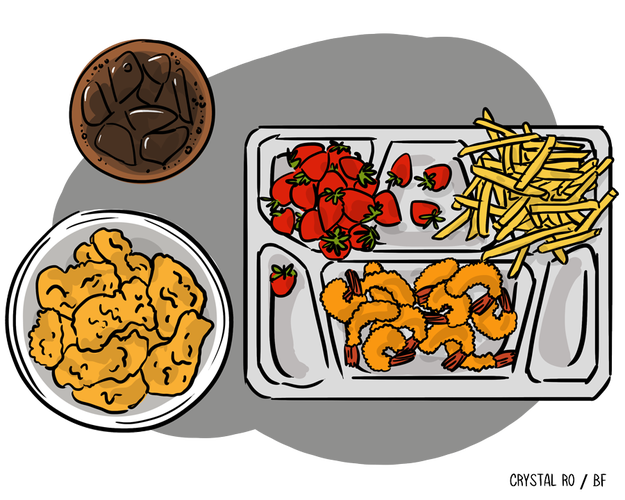Illustration of a cafeteria tray with strawberries, fries, chicken nuggets, shrimp, and a drink