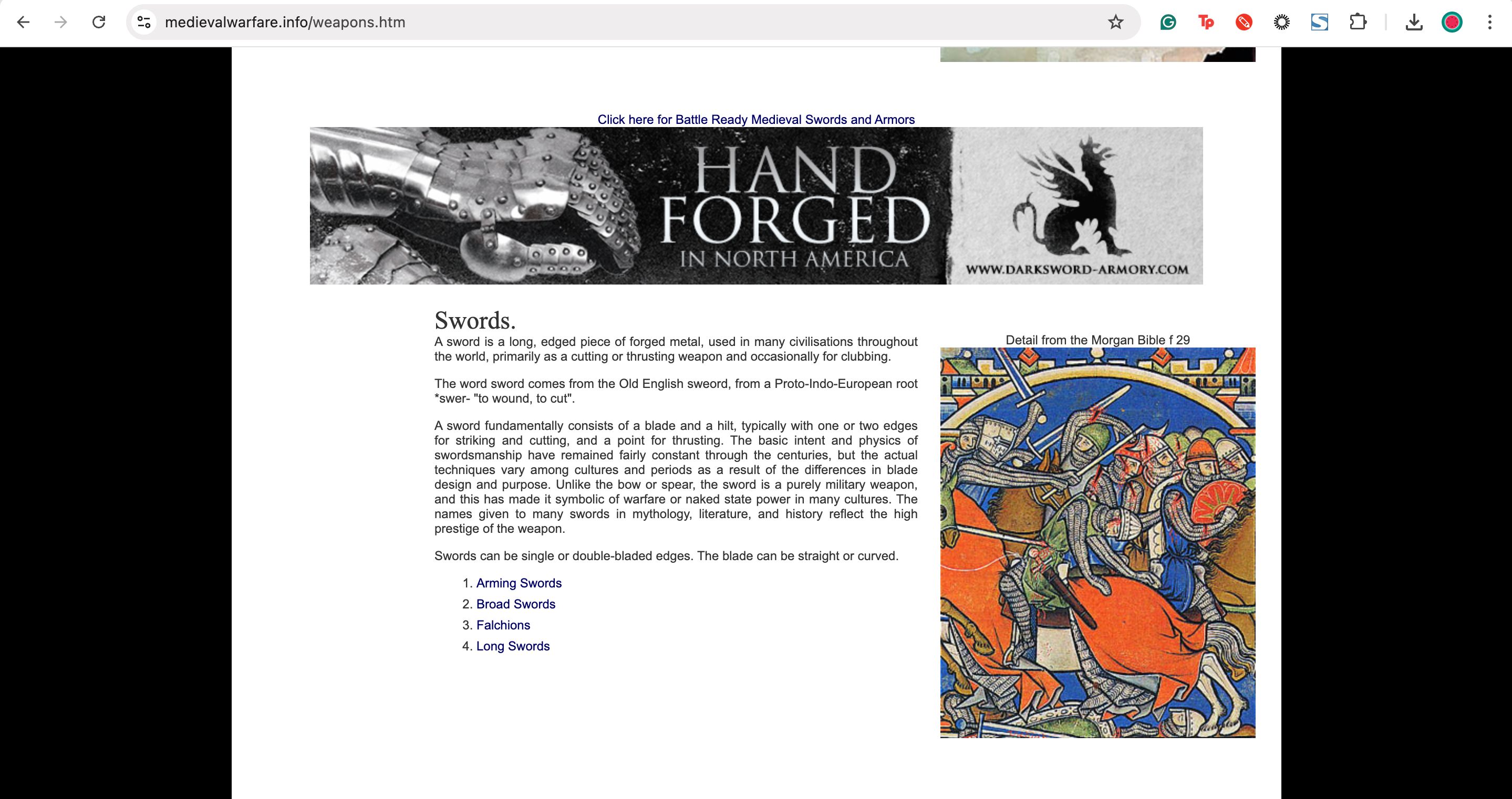 Webpage section on swords from a medieval warfare site, detailing their history and significance, with a colorful illustration of knights in battle