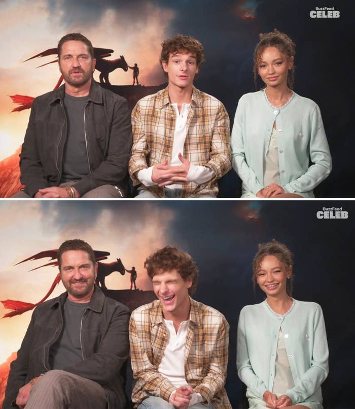 Gerard Butler, Mason Thames, and Nico Parker laughing during an interview