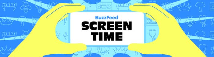 Illustration of hands holding a phone displaying "BuzzFeed Screen Time" on the screen, with abstract icons in the background