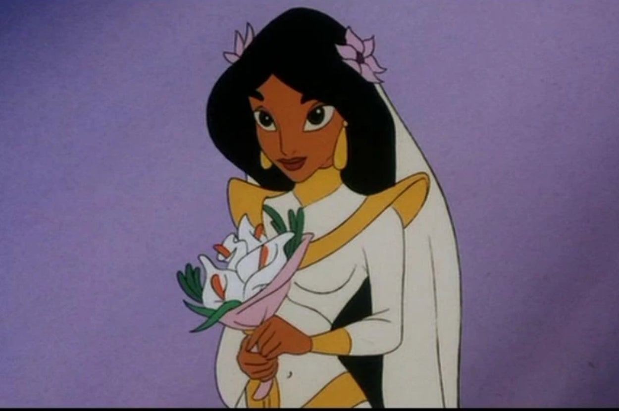 Animated character in a wedding dress holding a bouquet, looking happy