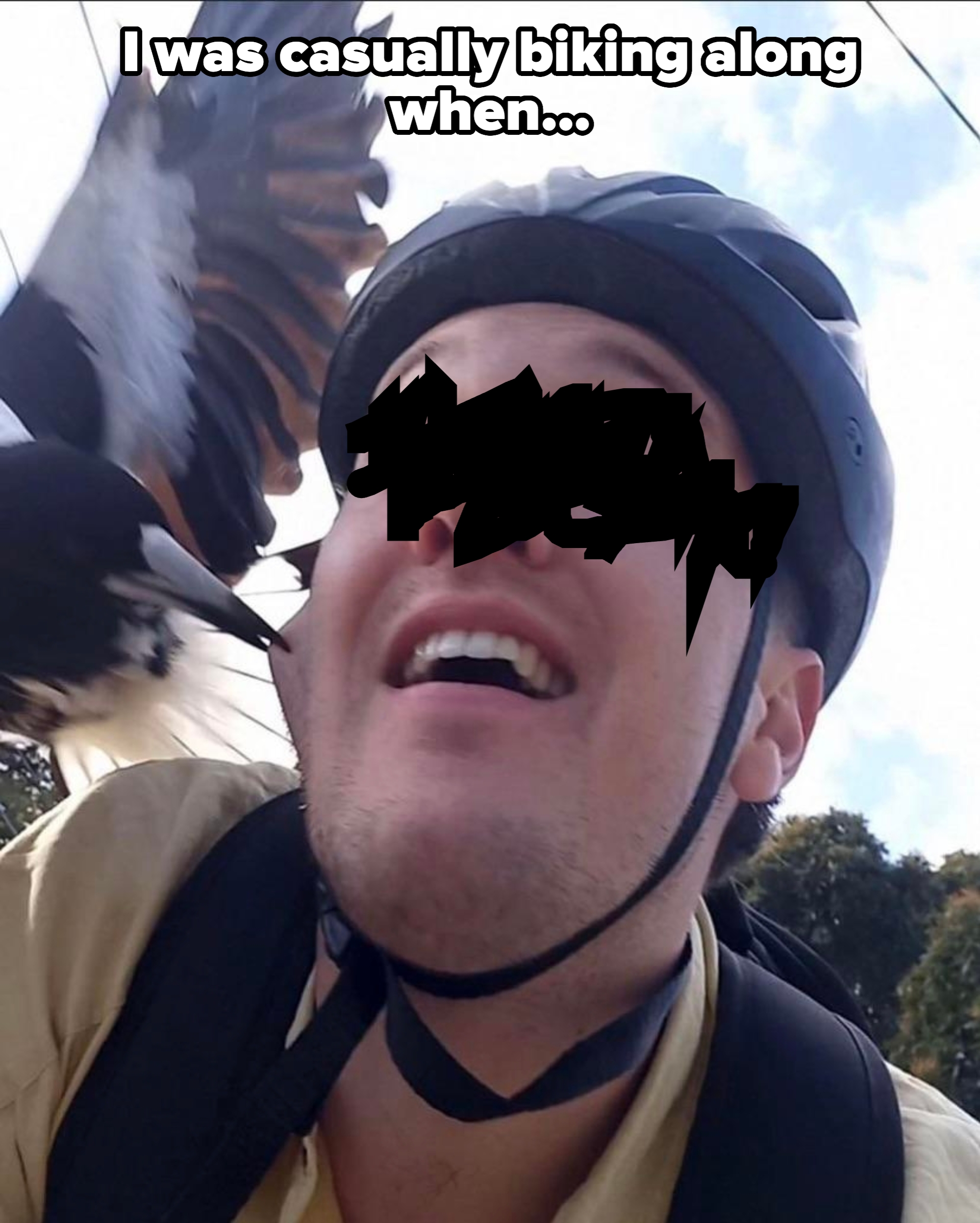 Person on bike wearing helmet, surprised as a bird swoops close to their face. Outdoor setting