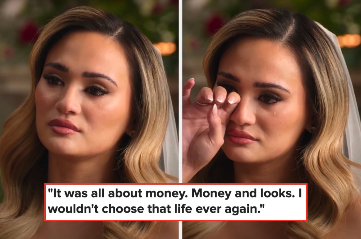 A bride wipes away tears with a caption: "It was all about money. Money and looks; I wouldn’t choose that life ever again"