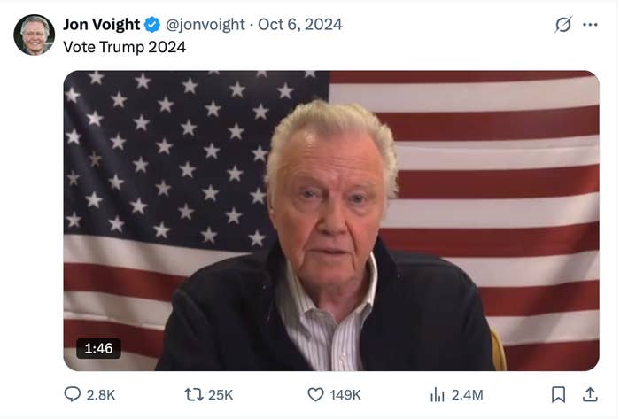Older man speaks in front of an American flag, advocating for Trump 2024 in a social media post