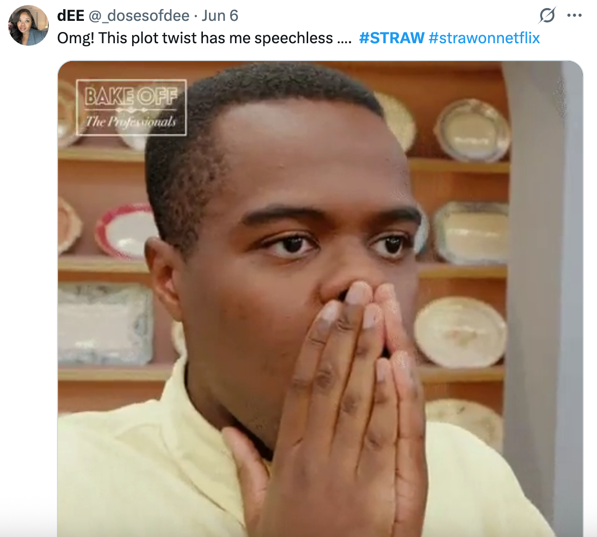 Person looking surprised, hands covering mouth, in front of decorative plates. Tweet text expresses shock over a plot twist related to a TV show