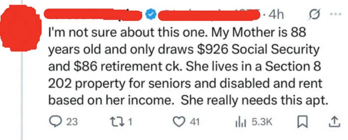 A social media post highlights concern for an 88-year-old mother living on Social Security and retirement checks, needing subsidized senior housing