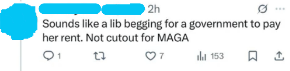 Tweet critical of government assistance mentioning &quot;lib&quot; and &quot;MAGA,&quot; with engagement stats visible below