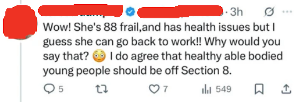 A tweet questions why an 88-year-old with health issues should return to work while agreeing young, healthy people should not be on Section 8