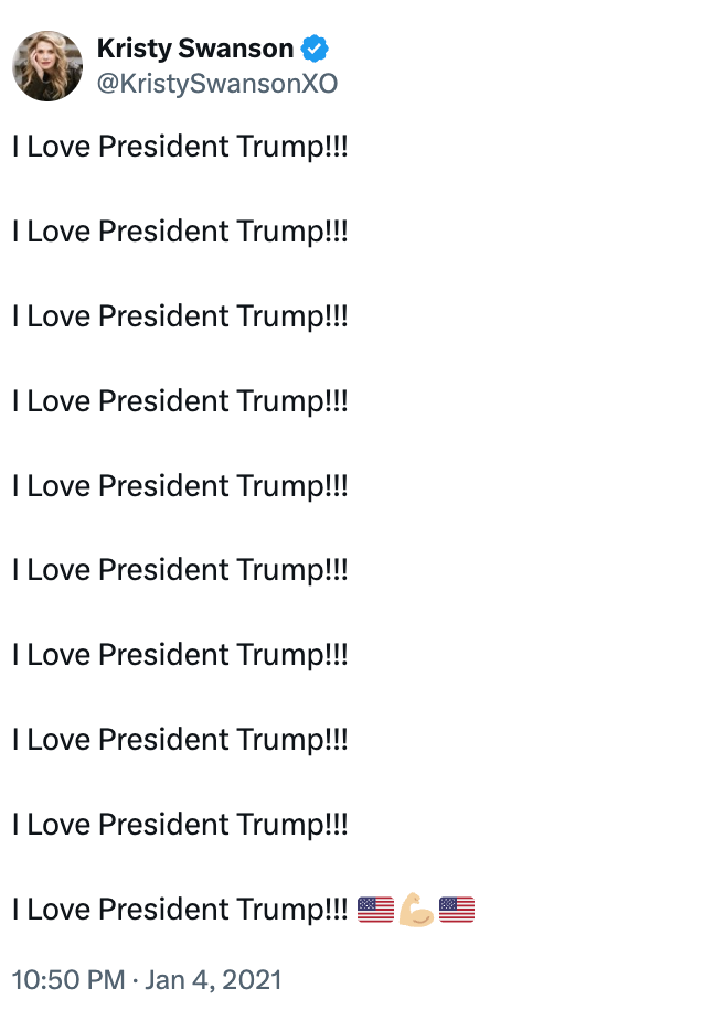 Tweet by Kristy Swanson, posted on Jan 4, 2021, repeatedly states &quot;I Love President Trump!!!&quot; with flag and muscle emojis