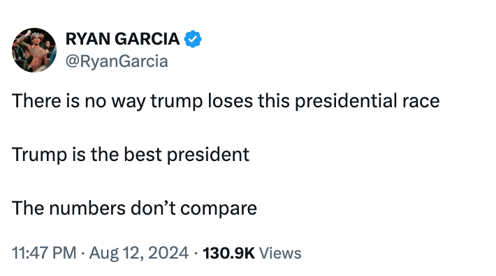 Tweet by Ryan Garcia stating confidence in Trump&#x27;s presidential race victory, calling him the best president, and noting unmatched numbers