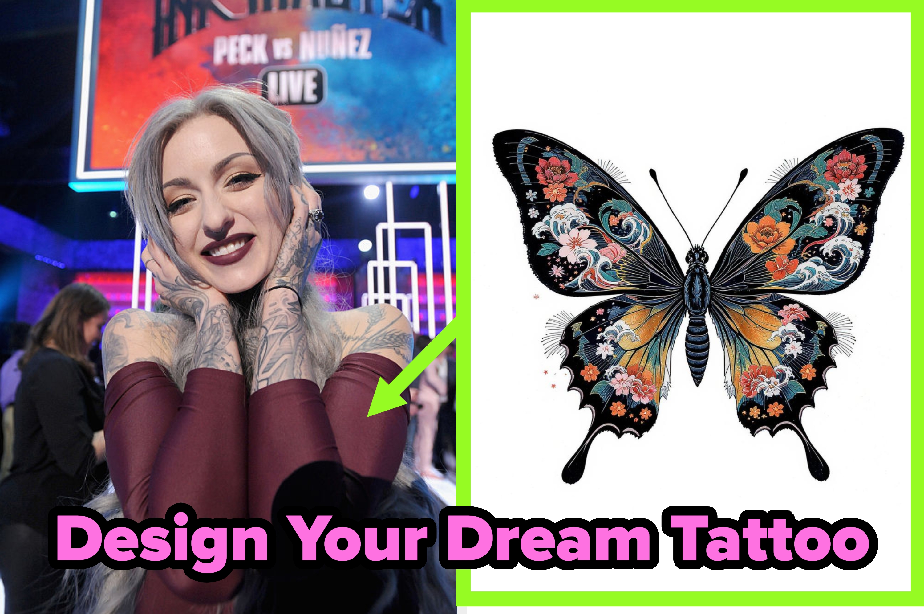Person with tattoos on arms, featuring various designs, next to an ornate butterfly tattoo design. Text: "Design Your Dream Tattoo."