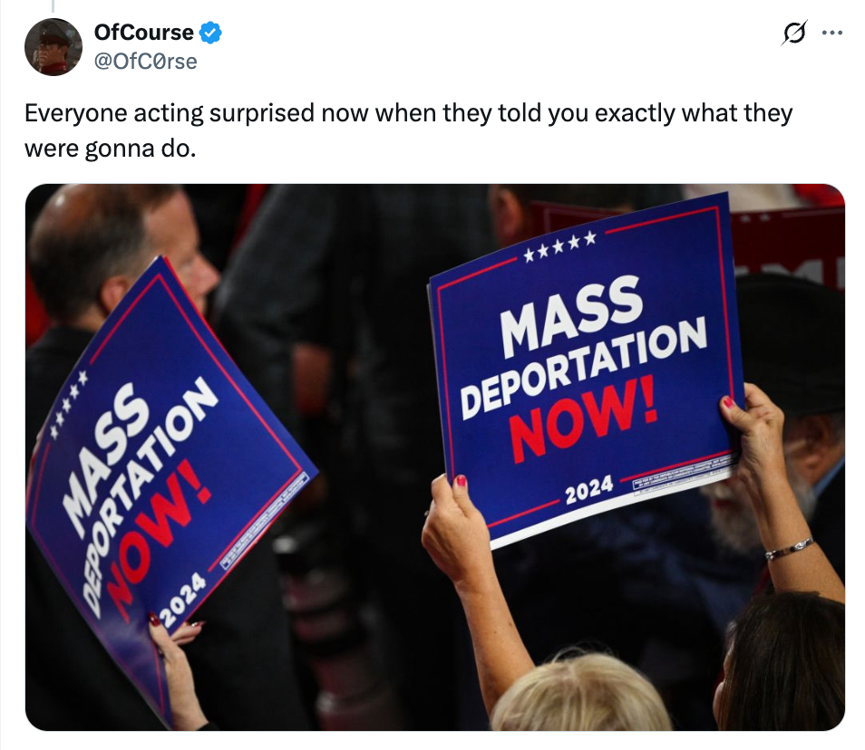 Two protest signs read &quot;Mass Deportation Now! 2024.&quot; Someone comments on the surprise over something previously announced