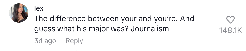 Comment points out a journalism major's error in "your" vs. "you're," with 148.1K likes