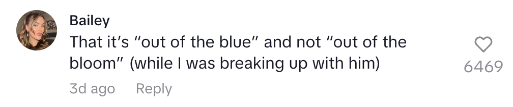 Comment about realizing the phrase is "out of the blue" not "out of the bloom" during a breakup; liked 6469 times