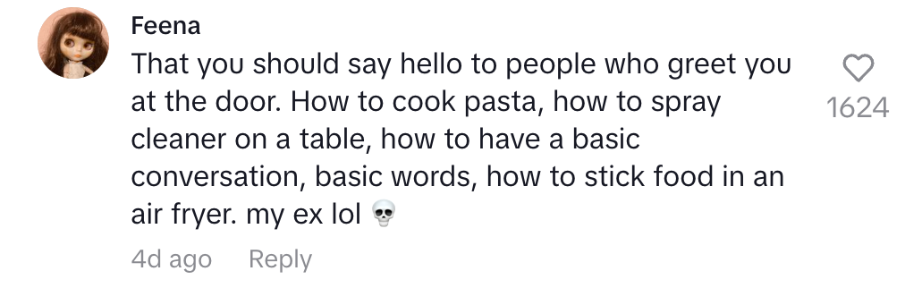 Social media comment humorously listing relationship tips and ending with "my ex lol" and a skull emoji