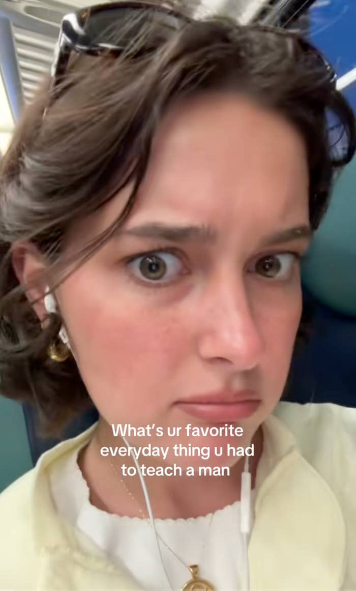 Person with earbuds looking surprised, captioned: &quot;What&#x27;s ur favorite everyday thing u had to teach a man?&quot;