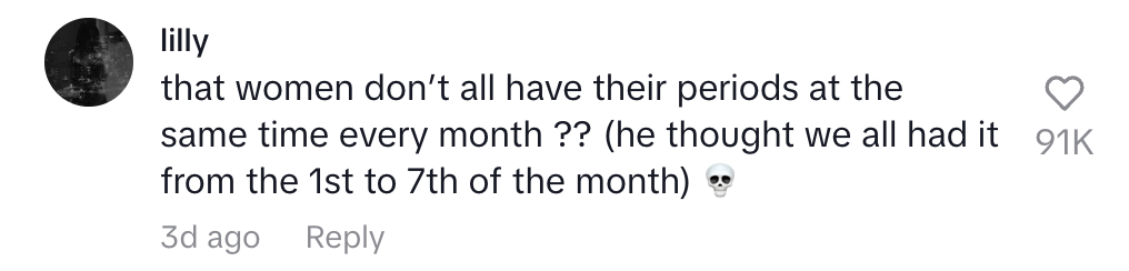 A comment questions a misunderstanding about women's menstrual cycles, humorously noting someone thought all occurred from the 1st to 7th monthly