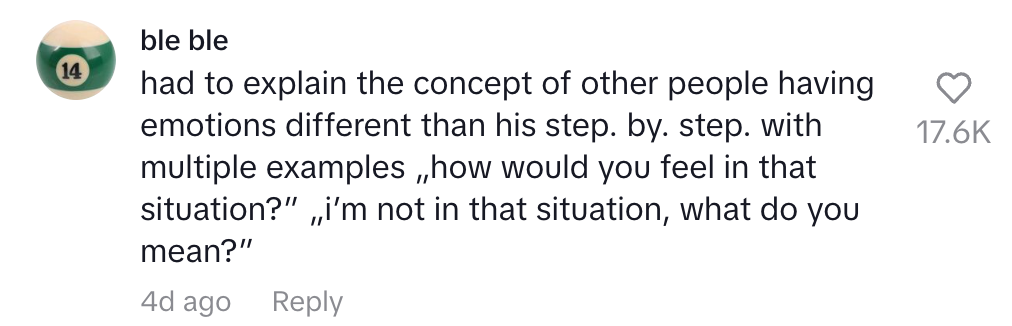 Comment about explaining different emotions to someone who struggles to understand perspectives, using examples like "how would you feel in that situation?"