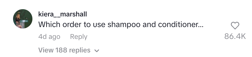 Comment asking for the order of using shampoo and conditioner, with 86.4K likes and 188 replies shown