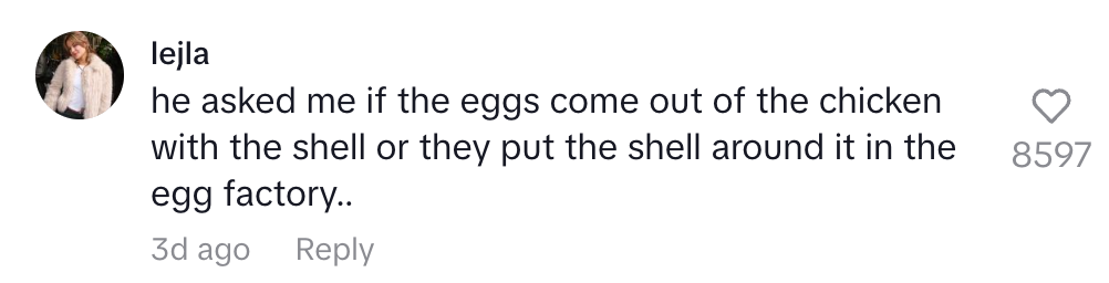 Social media comment: Someone wonders if eggs come from chickens with shells or if they're added in an egg factory
