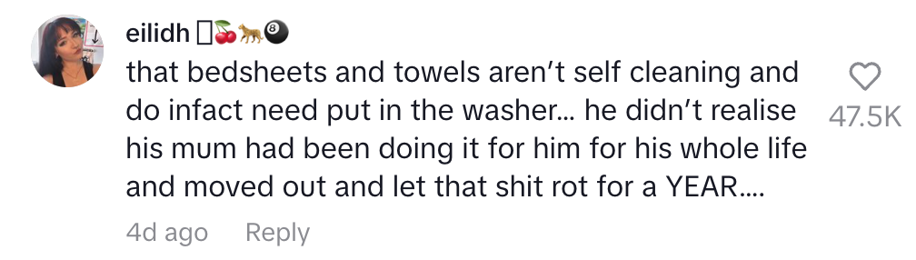 Comment about someone not realizing bedsheets and towels need washing, as their mother did it for them. They let them go unwashed for a year
