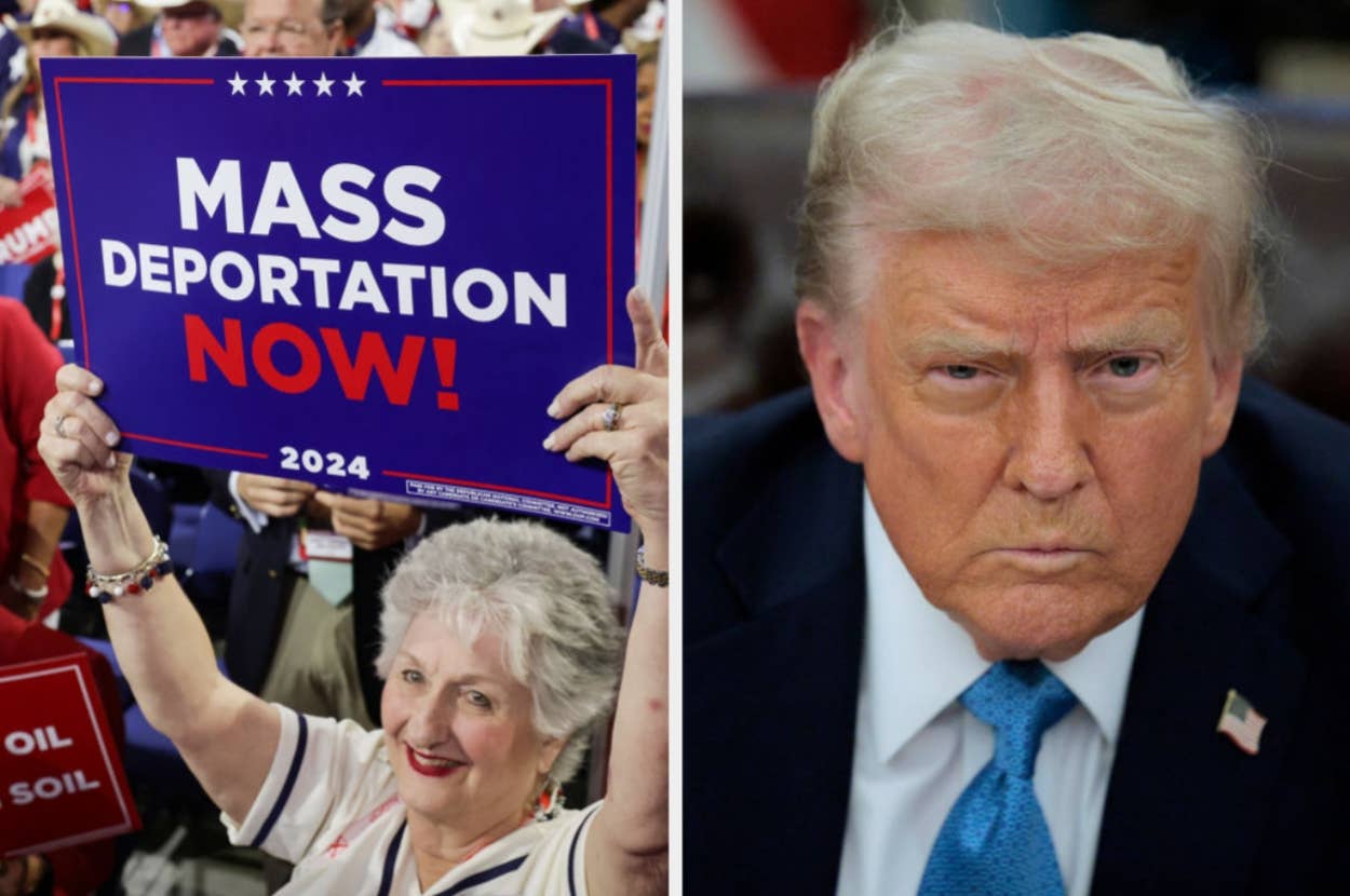 Two images: Left, woman holds "Mass Deportation Now! 2024" sign at event. Right, an individual in a suit with a serious expression