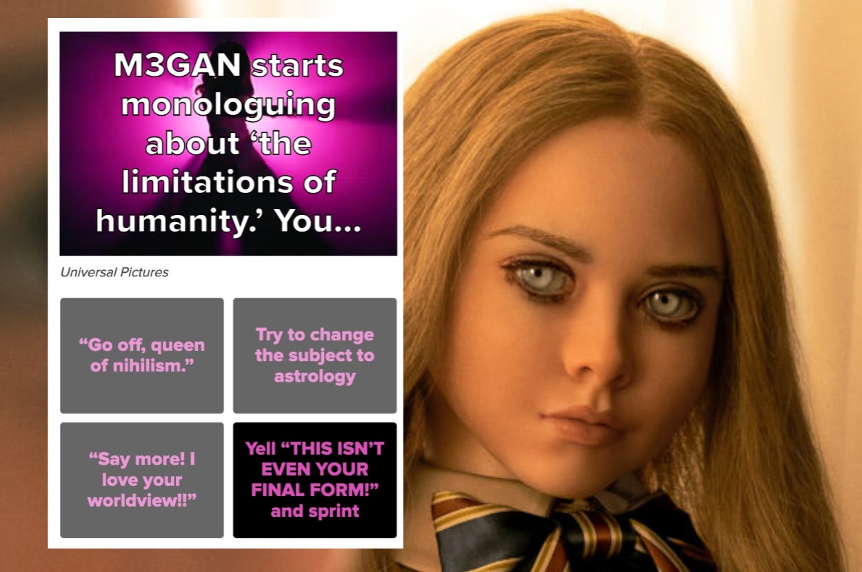 Image of a humanoid doll with long hair. Text reads: "M3GAN starts monologuing about the limitations of humanity." Various response options are provided