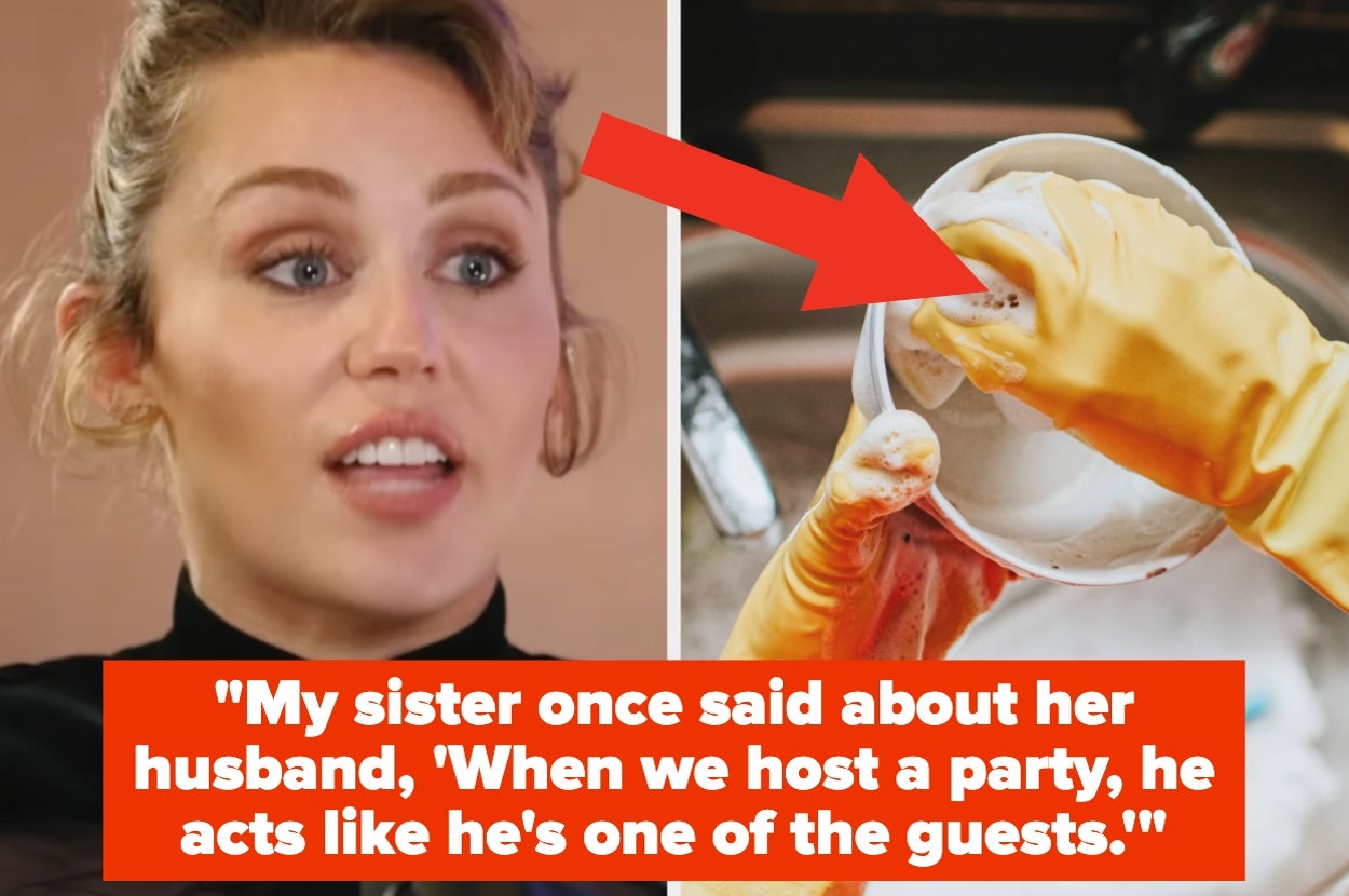 Person speaking with a quote about a husband's behavior at parties. A dishwashing scene shown alongside it
