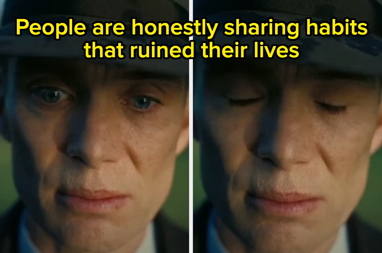 Split image of a person with eyes open and closed, captioned "People are honestly sharing habits that ruined their lives"