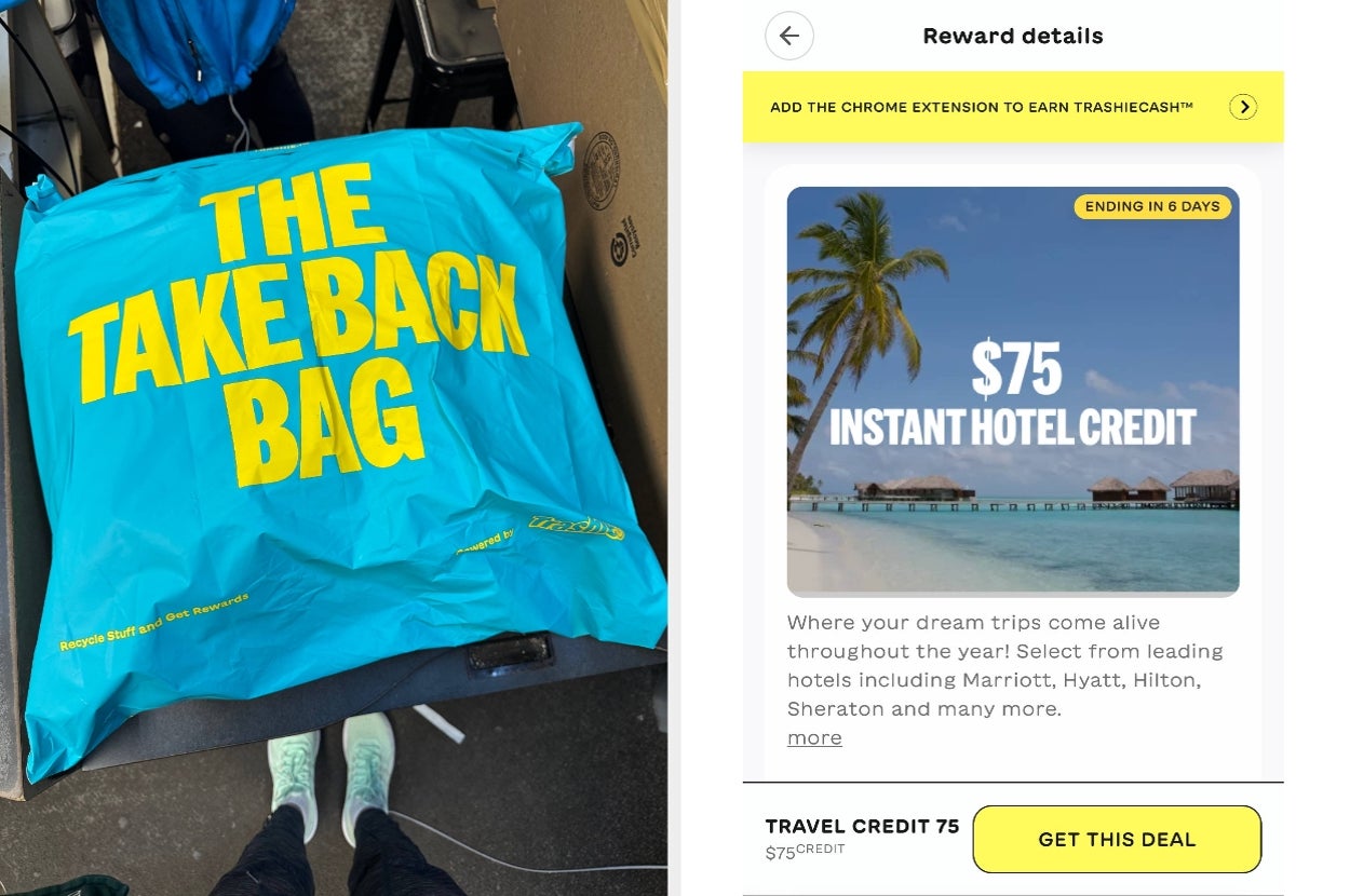 Blue reusable bag with "The Take Back Bag" printed on it. Reward details screen shows a $75 instant hotel credit offer, ending in 6 days