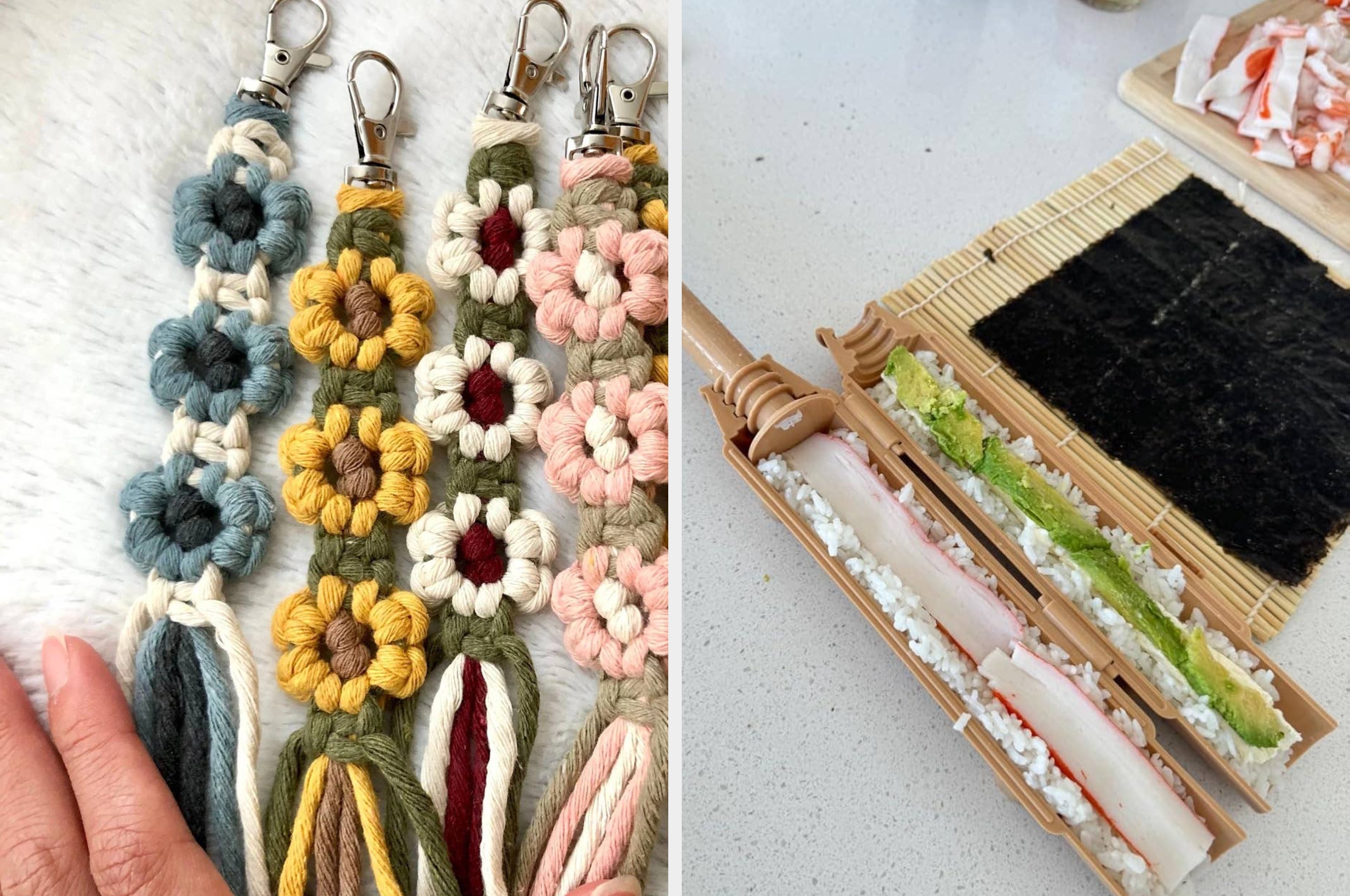 Handmade crochet flower keychains next to a sushi-making kit