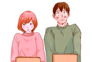 2人の人がそれぞれダンボール箱を持っているイラスト。女性はスカート、男性はパンツを着ている。表情は悩んでいるよう。